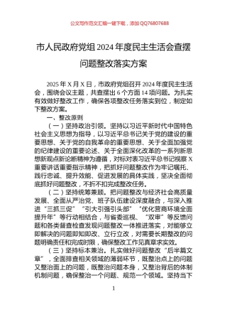 市人民政府党组2024年度民主生活会查摆问题整改落实方案