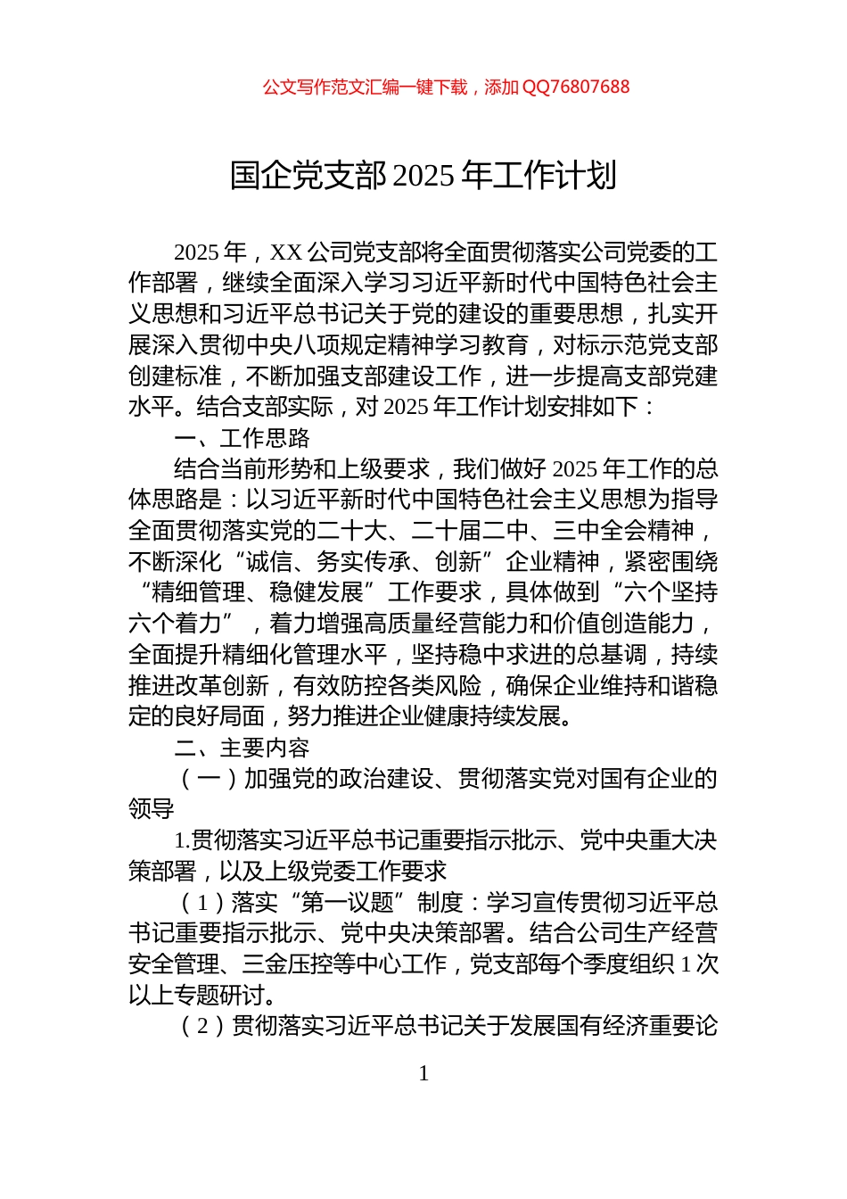 国企党支部2025年工作计划_第1页