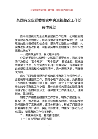 某国有企业党委落实中央巡视整改工作阶段性总结
