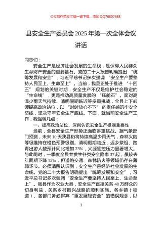 县安全生产委员会2025年第一次全体会议讲话