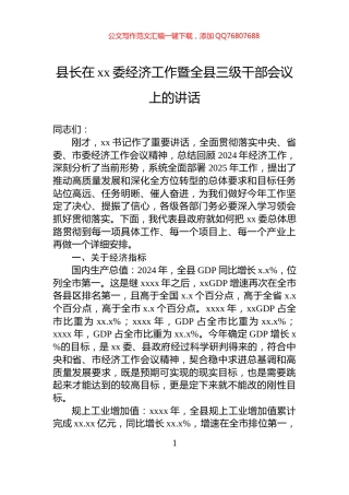 县长在xx委经济工作暨全县三级干部会议上的讲话