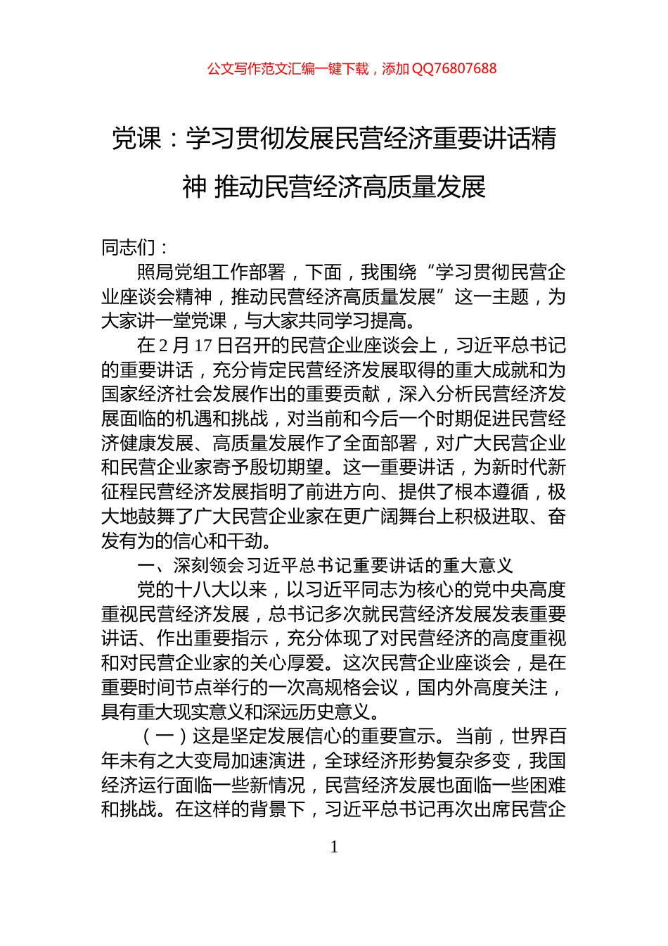党课：学习贯彻发展民营经济重要讲话精神+推动民营经济高质量发展_第1页