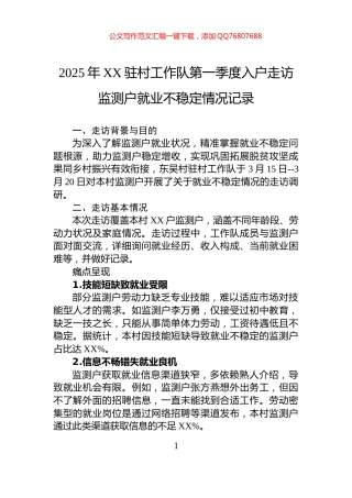 2025年XX驻村工作队第一季度入户走访监测户就业不稳定情况记录