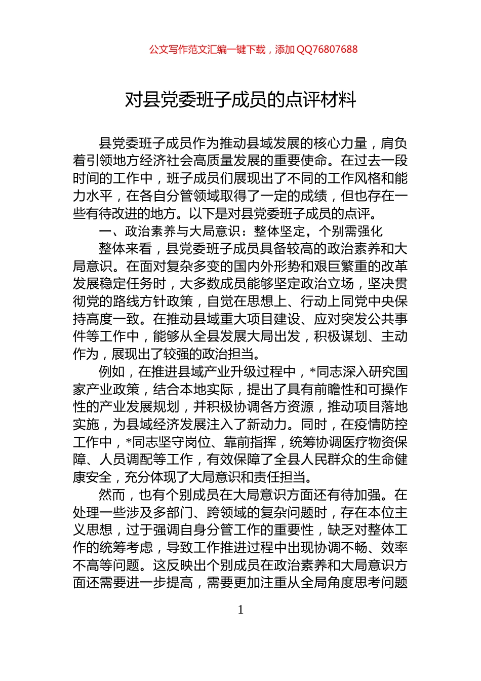 对县党委班子成员的点评材料_第1页