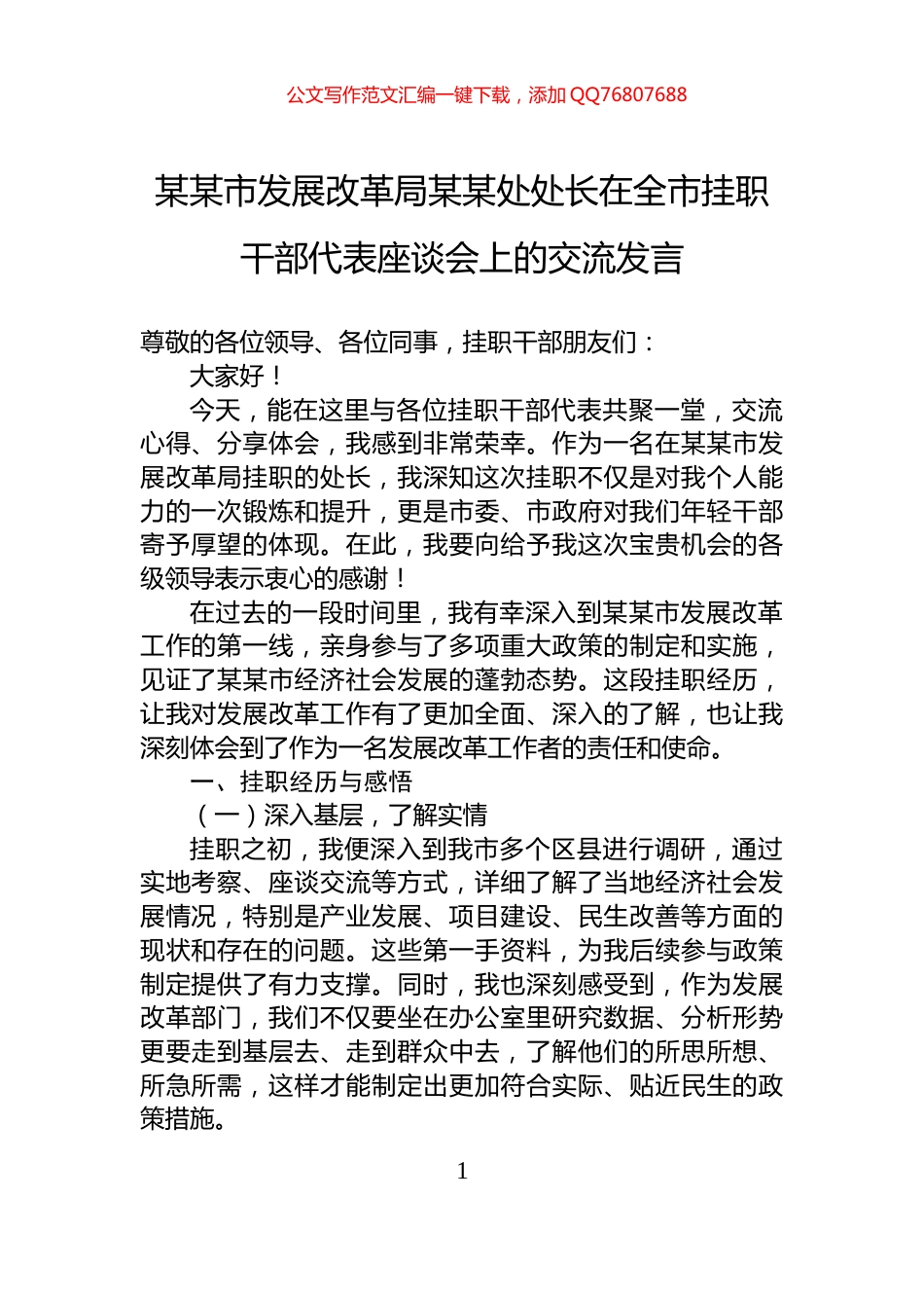 某某市发展改革局某某处处长在全市挂职干部代表座谈会上的交流发言_第1页