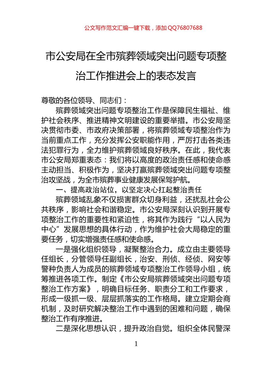 市公安局在全市殡葬领域突出问题专项整治工作推进会上的表态发言_第1页