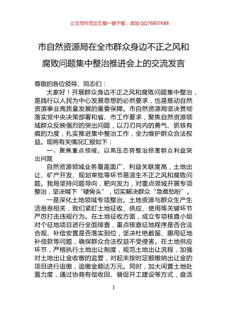 市自然资源局在全市群众身边不正之风和腐败问题集中整治推进会上的交流发言