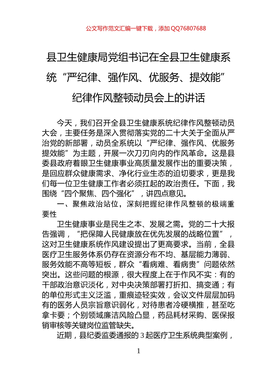 县卫生健康局党组书记在全县卫生健康系统“严纪律、强作风、优服务、提效能”纪律作风整顿动员会上的讲话_第1页