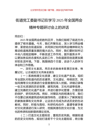 街道党工委副书记在学习2025年全国两会精神专题研讨会上的讲话