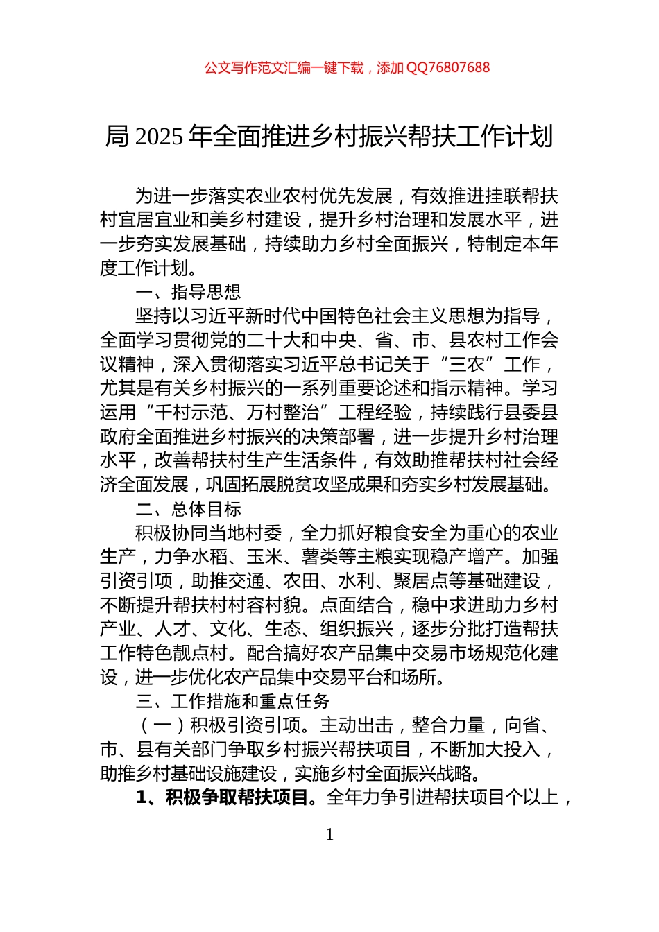 局2025年全面推进乡村振兴帮扶工作计划_第1页