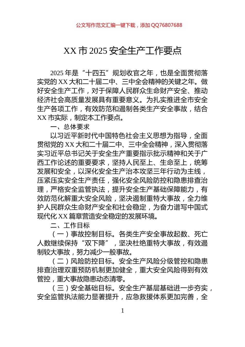 XX市2025安全生产工作要点_第1页