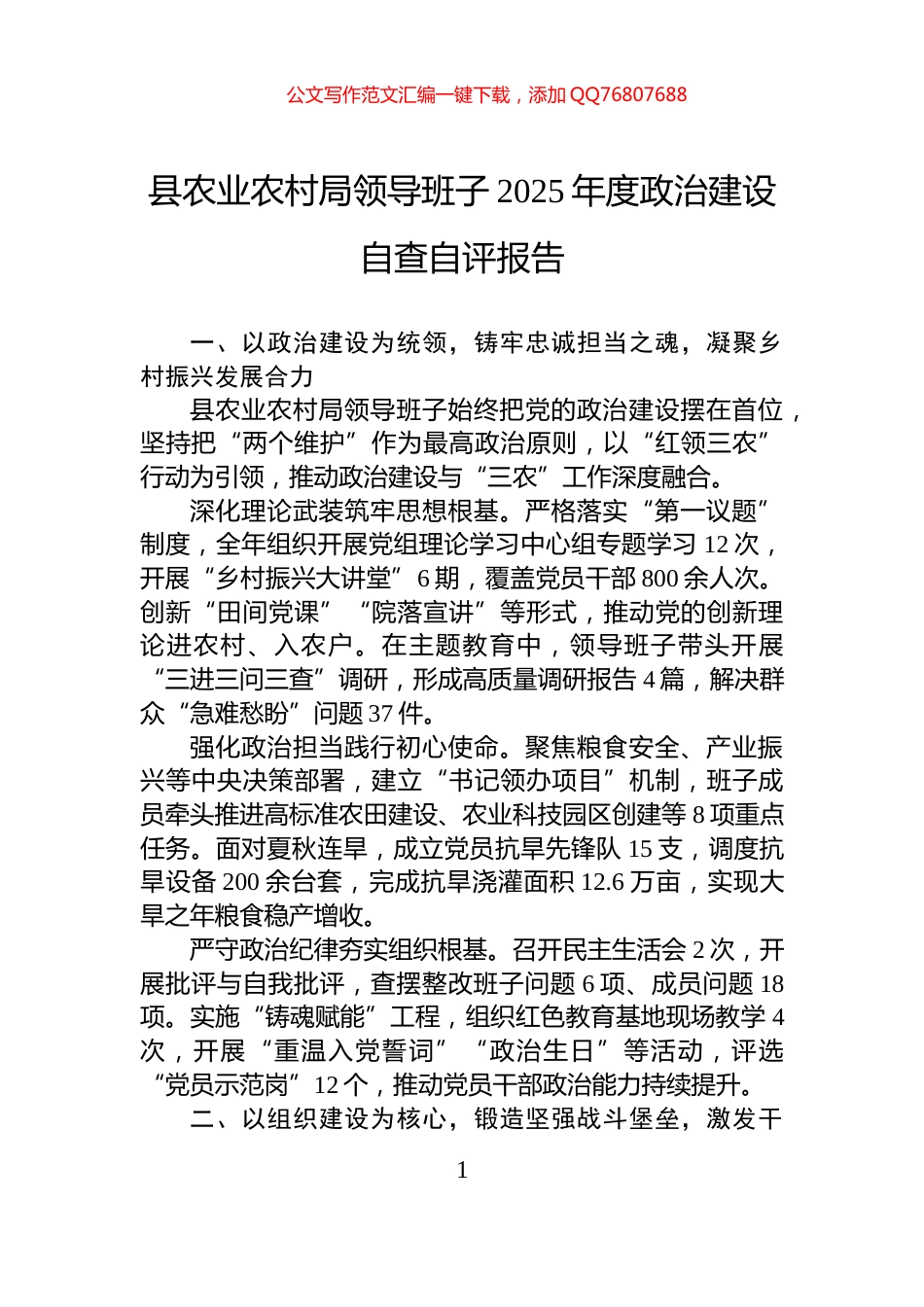 县农业农村局领导班子2025年度政治建设自查自评报告_第1页