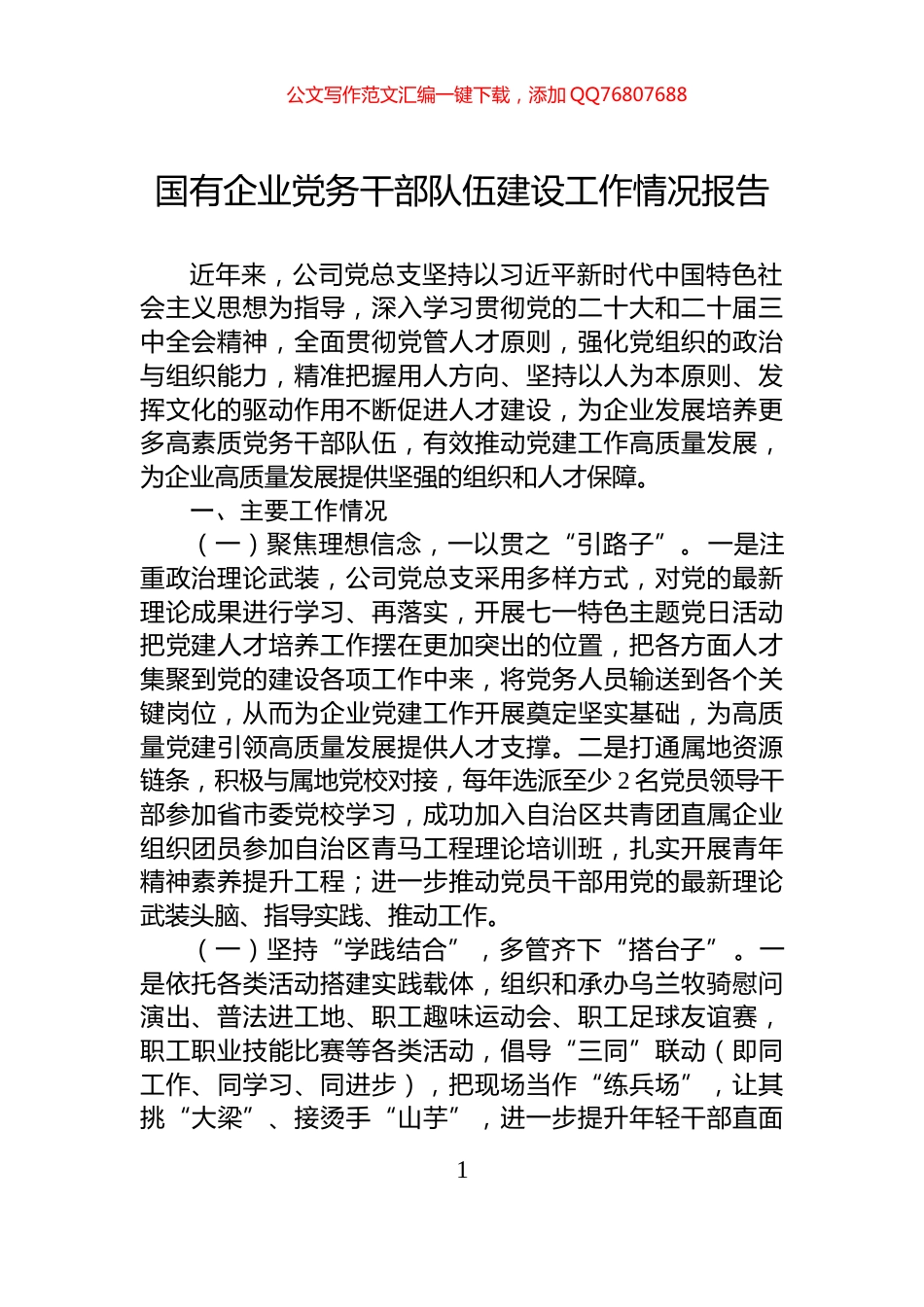 国有企业党务干部队伍建设工作情况报告_第1页