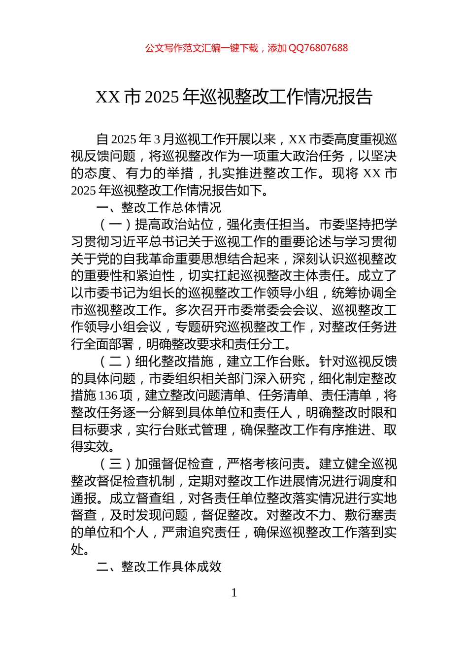 XX市2025年巡视整改工作情况报告_第1页