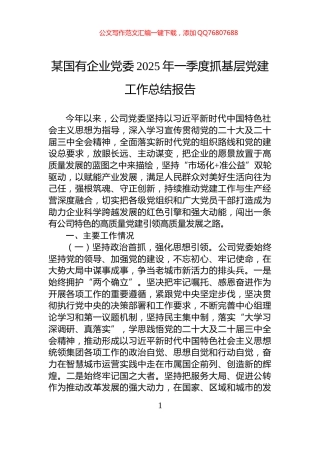 某国有企业党委2025年一季度抓基层党建工作总结报告