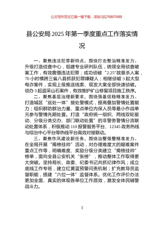 县公安局2025年第一季度重点工作落实情况