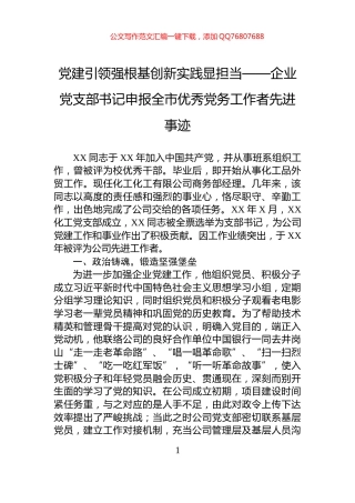 党建引领强根基创新实践显担当——企业党支部书记申报全市优秀党务工作者先进事迹
