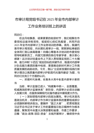 市审计局党组书记在2025年全市内部审计工作业务培训班上的讲话