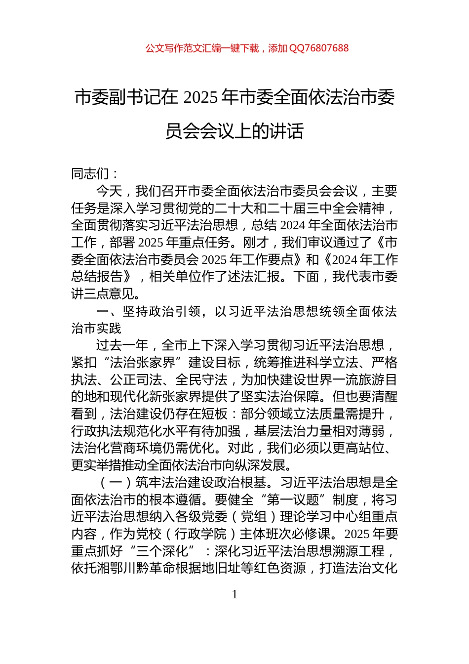 市委副书记在+2025年市委全面依法治市委员会会议上的讲话_第1页