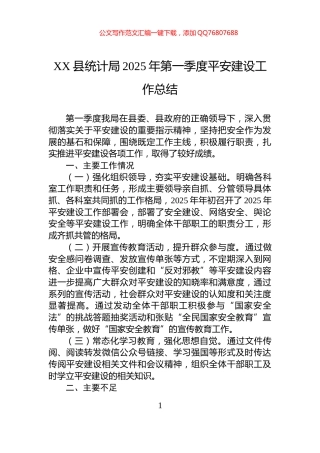 XX县统计局2025年第一季度平安建设工作总结