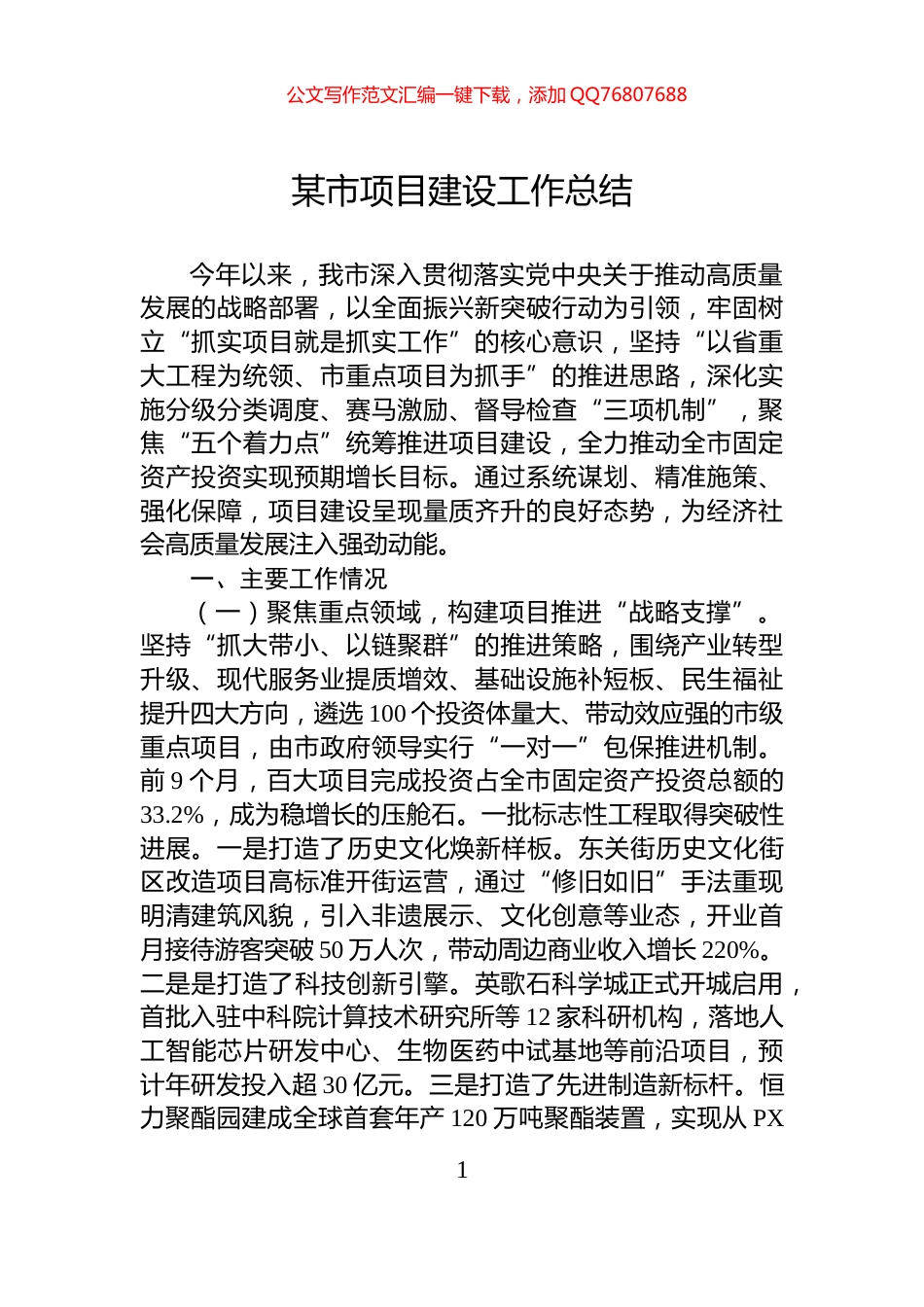 某市项目建设工作总结_第1页