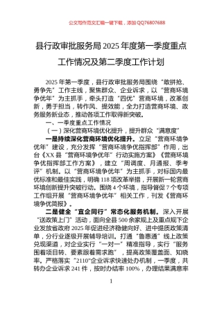 县行政审批服务局2025年度第一季度重点工作情况及第二季度工作计划