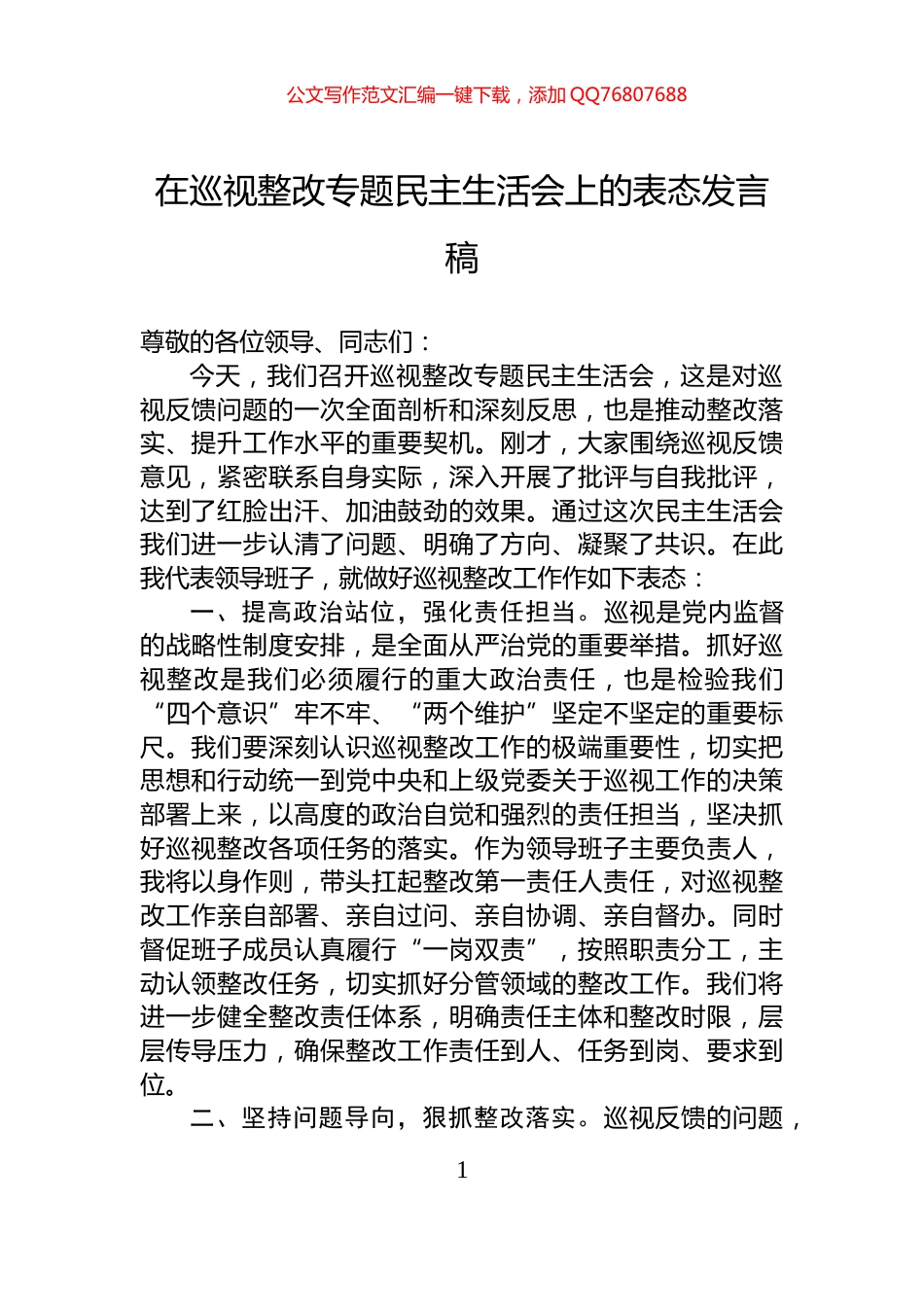 在巡视整改专题民主生活会上的表态发言稿_第1页