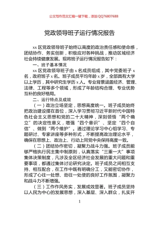 党政领导班子运行情况报告