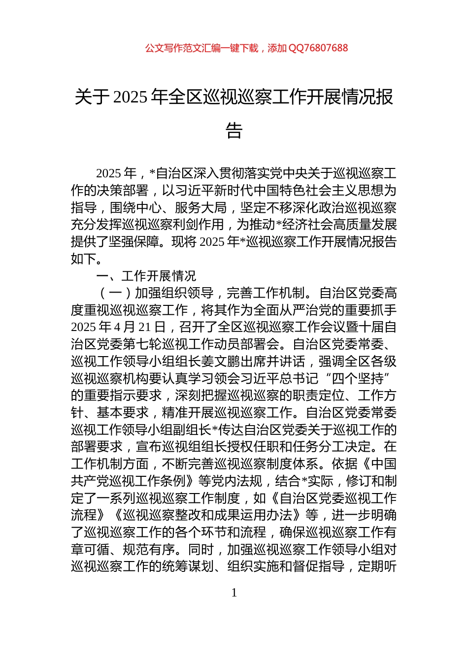 关于2025年全区巡视巡察工作开展情况报告_第1页