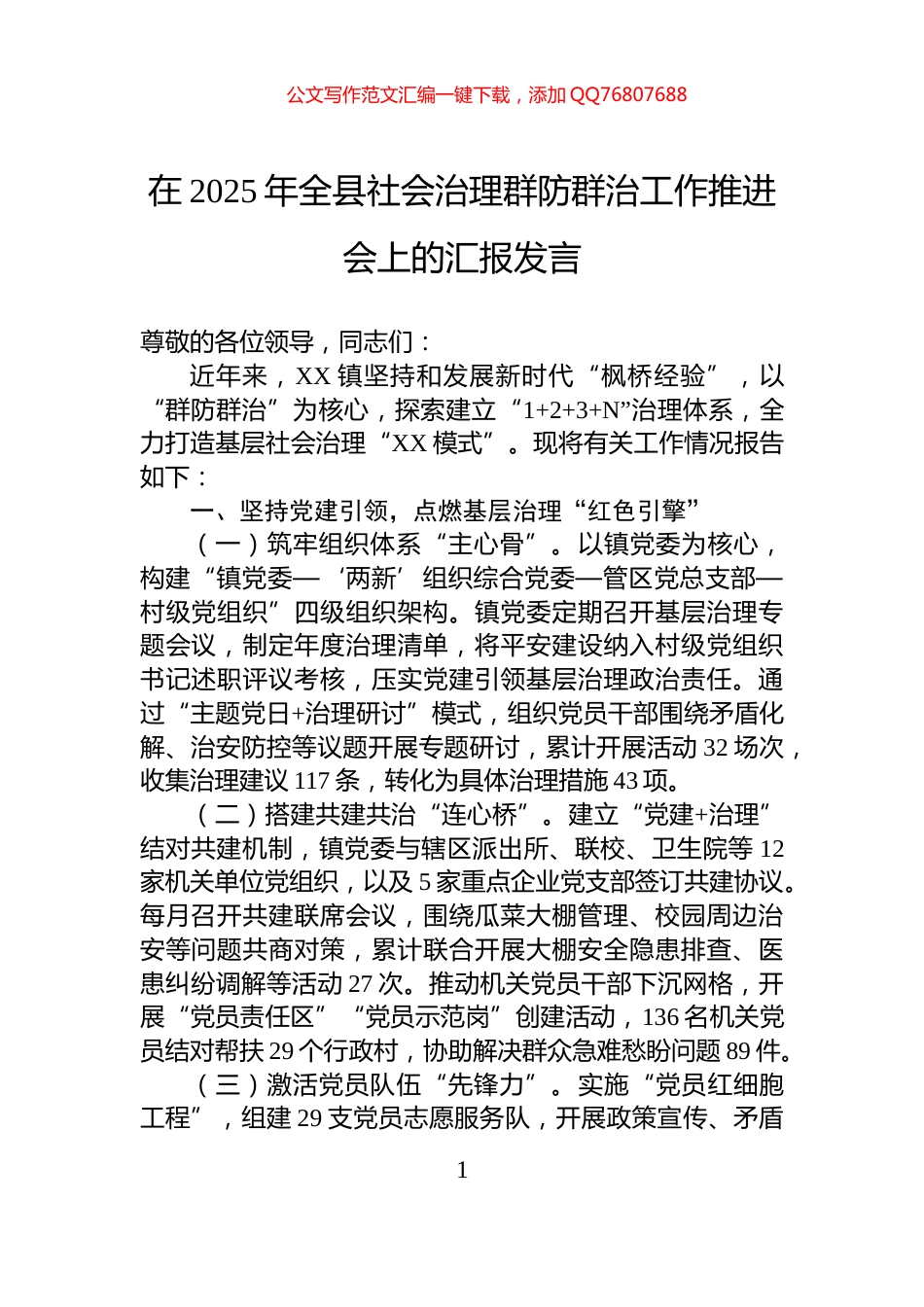 在2025年全县社会治理群防群治工作推进会上的汇报发言_第1页