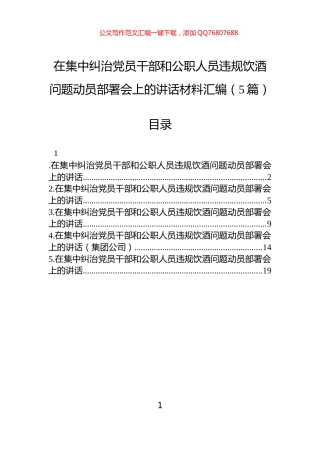 在集中纠治党员干部和公职人员违规饮酒问题动员部署会上的讲话材料汇编（5篇）
