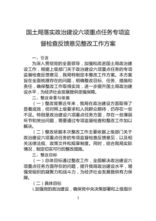 国土局落实政治建设六项重点任务专项监督检查反馈意见整改工作方案