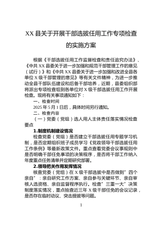 XX县关于开展干部选拔任用工作专项检查的实施方案