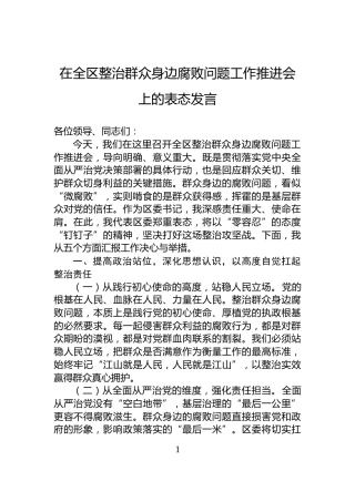 在全区整治群众身边腐败问题工作推进会上的表态发言