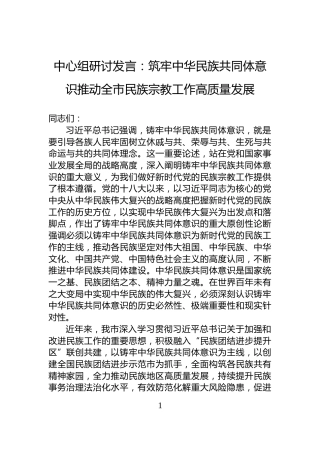 中心组研讨发言：筑牢中华民族共同体意识推动全市民族宗教工作高质量发展