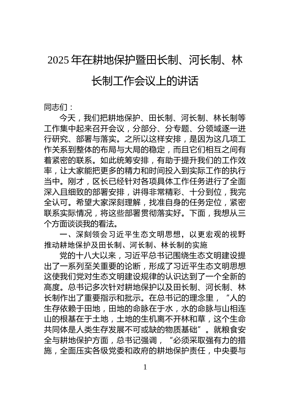 2025年在耕地保护暨田长制、河长制、林长制工作会议上的讲话_第1页