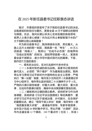 在2025年新任县委书记任职表态讲话