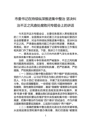 市委书记在持续纵深推进集中整治+坚决纠治不正之风查处腐败问专题会上的讲话