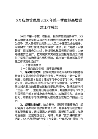 XX应急管理局202X年第一季度抓基层党建工作总结