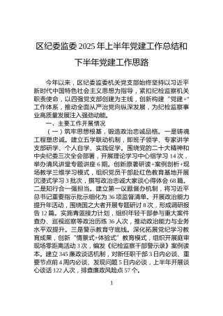 区纪委监委2025年上半年党建工作总结和下半年党建工作思路