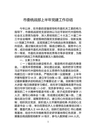 市委统战部上半年党建工作总结