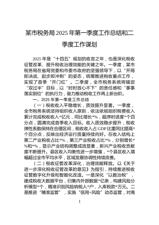某市税务局2025年第一季度工作总结和二季度工作谋划