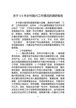 关于XX市乡村振兴工作情况的调研报告