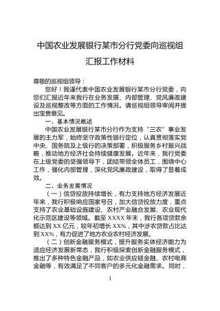 中国农业发展银行某市分行党委向巡视组汇报工作材料