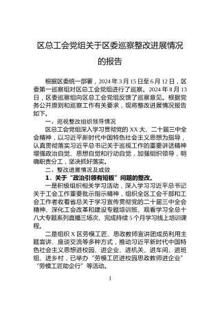 区总工会党组关于区委巡察整改进展情况的报告