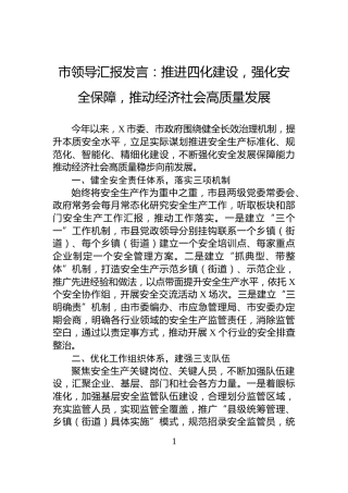 市领导汇报发言：推进四化建设，强化安全保障，推动经济社会高质量发展