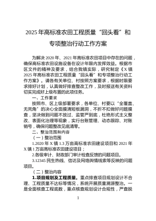 2025年高标准农田工程质量“回头看”和专项整治行动工作方案