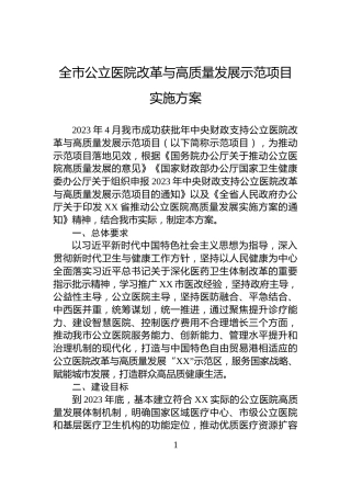 全市公立医院改革与高质量发展示范项目实施方案