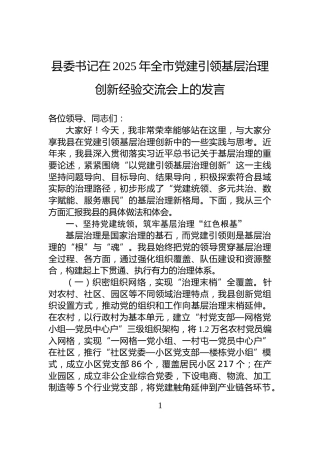 县委书记在2025年全市党建引领基层治理创新经验交流会上的发言
