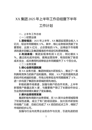 XX集团2025年上半年工作总结暨下半年工作计划